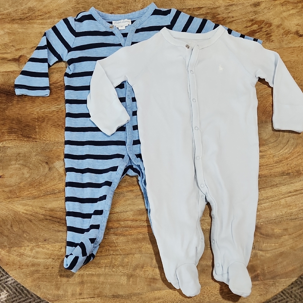 Ralph Lauren Light Blue Solid and Striped Footed Sleepers Size 6 Months